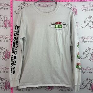 FRIENDS Central Perk nyc White Long Sleeve Tee with Black Sleeve Print